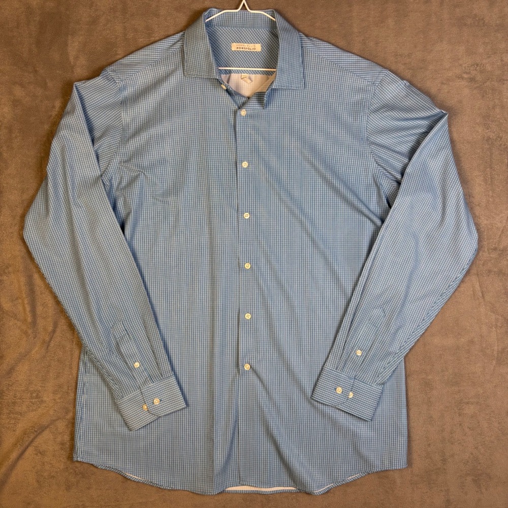 Perry Ellis Portfolio Mens Blue White Micro Check Button Down Shirt 17 36/37